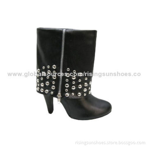 Women's high heel dress boots, PU upper, edge fold back, small rivets decorated, trendy/comfortable